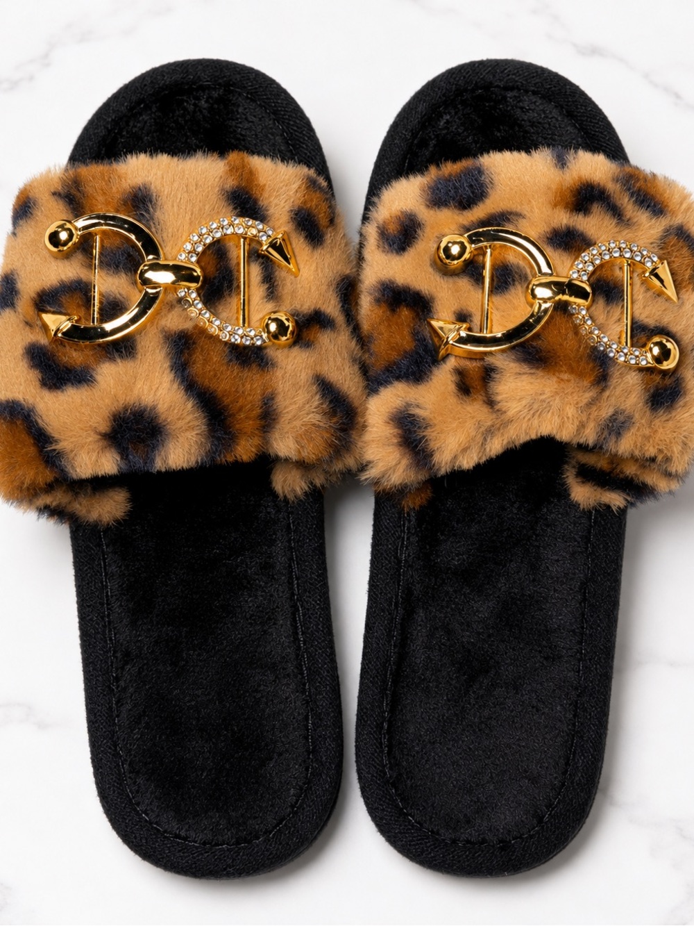 Leopard Faux-Fur Slide Slippers with Gold Accent - Black/Leopard